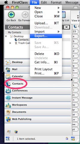 In First Class, choose Contacts then File and Export